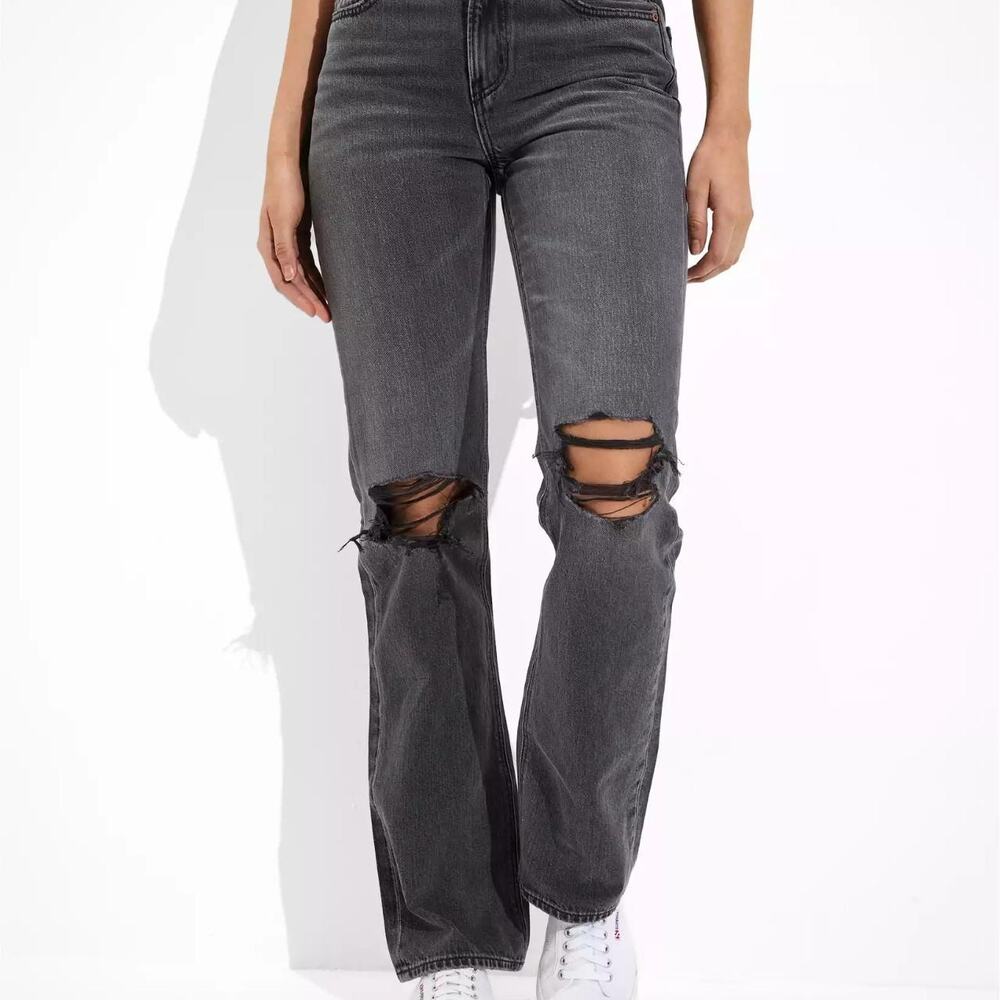 American Eagle | Charcoal Black Faded Distressed Ripped Boot Cut Jeans Preppy - Picture 1 of 7